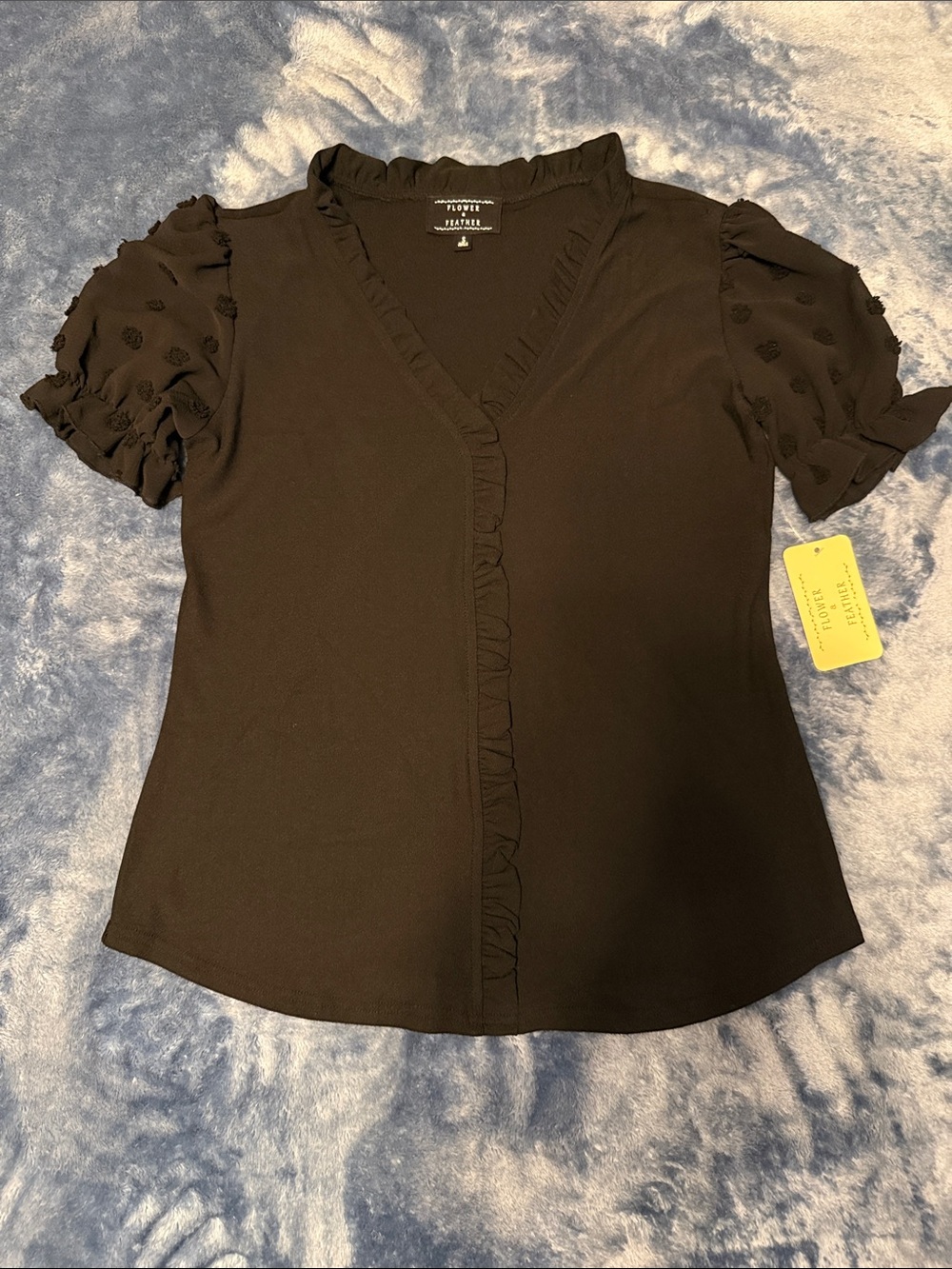 Black Ruffle Trim V-Neck Blouse with Textured Puff Sleeves